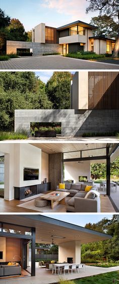 three different views of a modern house in the woods