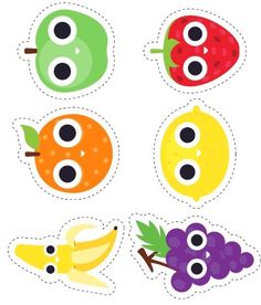 four cut outs with different fruits and berries on them, one is green, the other has