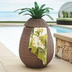 a potted plant sitting on top of a wicker basket next to the ocean