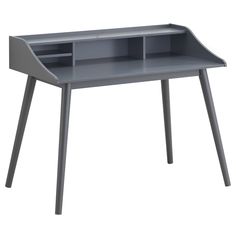 the desk is gray and has two shelves on each side, one with an open shelf