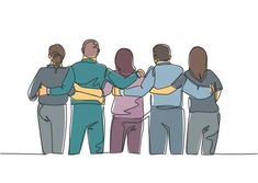 a group of people standing next to each other with their arms wrapped around one another