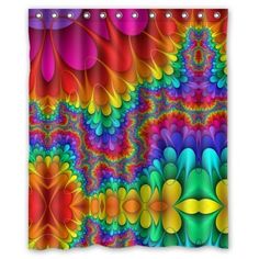 an abstract shower curtain with colorful flowers and swirls on the bottom, in bright colors