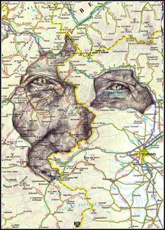 a drawing of two people's faces in the middle of a map with mountains and roads