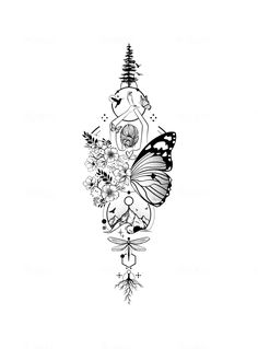 a black and white drawing of a butterfly with flowers