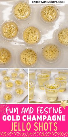 an image of gold champagne jello shots in plastic cups with sprinkles