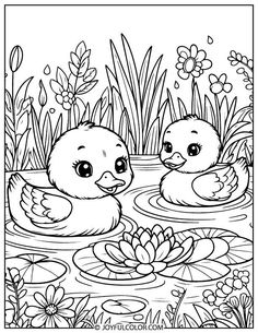 two little ducks swimming in the pond with lily pads and flowers coloring page for adults