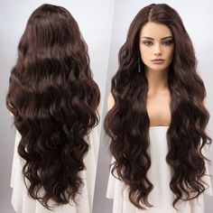 "* Color: Brunette, Dark Chocolate  * Texture: Wavy * Wig Type: Lace Front Wig * Length: About 32\"\" * Cap Size: 21\"\"-22.5\"\" * Parting: 13\"\" X 4\"\" Lace Free Part * Material: Heat Resistant Fiber * Lace Type: Swiss Lace * Combs: 3 Combs Experience the ethereal allure of the Dark Chocolate Brunette Lace Front Wig. At a majestic 32\" in length, the wavy texture flows like a shimmering cascade, reminiscent of moonlit waves. The 13\" X 4\" lace free part gives you the freedom to choose how and where you part, allowing for versatile styling options. Made from high-quality, heat-resistant fiber, this wig can withstand styling tools, letting you craft your desired look with ease. The Swiss Lace front provides an impeccably natural hairline, making the transition from wig to forehead almos Hairstyles Brunette Medium, Dark Chocolate Brunette, Webster Wigs, Chocolate Brunette, Chocolate Texture, Top Wig, Wig Lace Front, European Hair, Wavy Wig