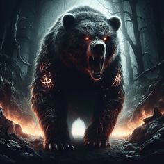 a large bear standing in the middle of a forest with fire coming from its eyes