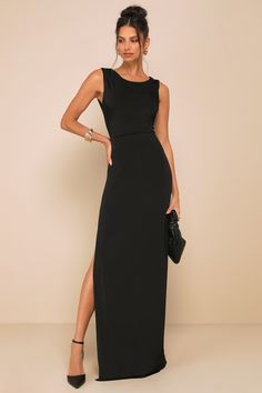 Significant Allure Black Slinky Knit Ruched Maxi Dress Womens Formal Dresses Classy, Evening Black Dresses, Black Floor Length Dress Casual, Full Length Dress Formal, Long Black Dress Wedding, Black Guest Dress For Wedding, Black Bridemaid Dress, Slim Dresses Long, Accessories For Wedding Guest