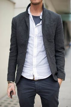 Charcoal Blazer, White Long Sleeve Shirt, John Varvatos