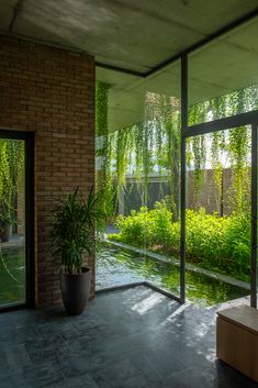 a room that has some plants in the corner and glass doors to another room on the other side