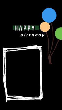 a happy birthday card with balloons and a photo frame on the front, in black background