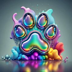 an animal's paw is surrounded by colorful bubbles and liquids on a gray background