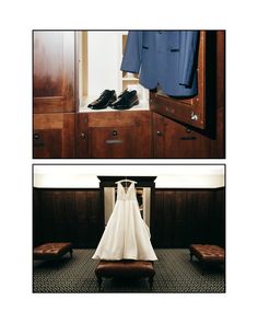 two pictures of a wedding dress and shoes in front of a mirror, with the reflection of a suit hanging on a coat rack