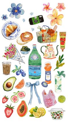 watercolor painting of food and drinks on white background