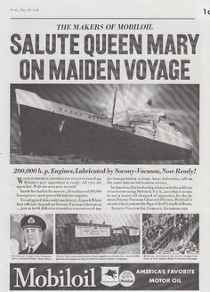 an advertisement for the queen mary on maiden voyage, which is featured in mobilol