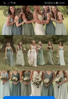 the bridesmaids are posing for pictures in their dresses