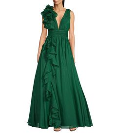 Mac Duggal Deep V-Neck Sleeveless Ruffled Shoulder Ball Gown | Dillard's Formal Wedding Guest Dress, Green Cocktail Dress, Formal Evening Gown, Green Cocktail, Wedding Reception Dress, Formal Dresses Gowns, Mac Duggal, Reception Dress, Evening Gowns Formal