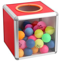 a toy cube with balls in it and numbers on the inside, as well as an orange circle