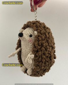 a crocheted keychain with a hedge on it's side and a hand holding the key chain