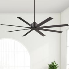 a ceiling fan in a living room with a potted plant on the table next to it