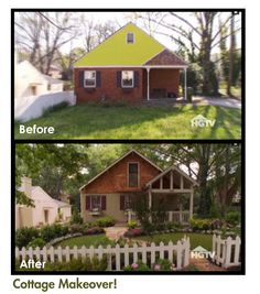 before and after photos of a small house