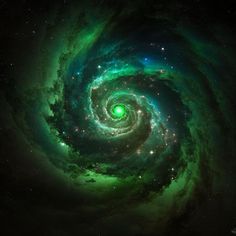 an image of a spiral galaxy in the night sky with green and blue lights on it