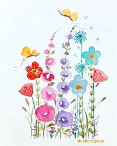 watercolor painting of colorful flowers and butterflies