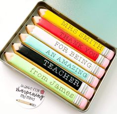 four pencils in a tin with the words thank you for being an amazing teacher