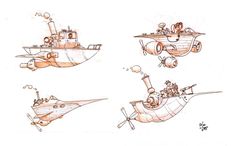 some drawings of different types of boats and planes in the air with people on them