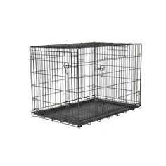 a black dog crate with one door open and the other closed on an isolated white background