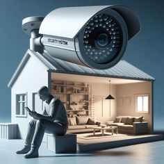 a man sitting in front of a house with a security camera on top of it