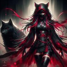 a woman dressed in black and red is standing next to a wolf with long hair