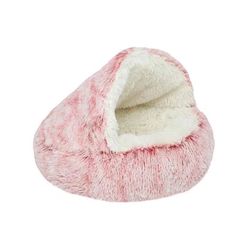 a pink slipper with white fur on the top and bottom, in front of a white background