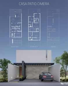 a car is parked in front of a house with blueprints on the walls