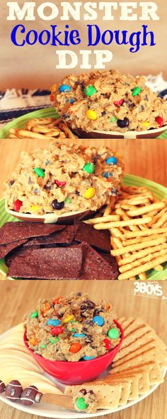 monster cookie dough dip recipe on a plate with crackers