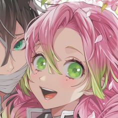 two anime characters with green eyes and pink hair, one is hugging the other's head