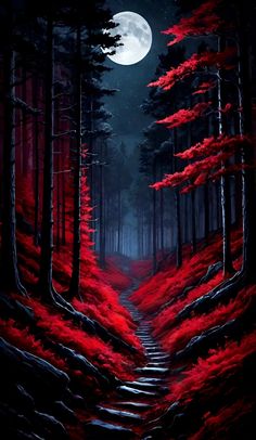 a painting of a forest with red leaves on the ground and a full moon in the sky