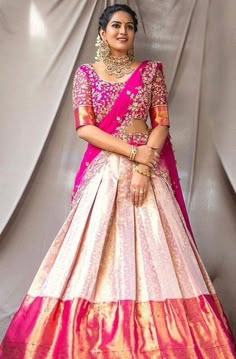 Kanjivaram Lehenga, Silk Half Saree, Wedding Blouses, Bike Photos, Sari Lehenga, Long Gown Design