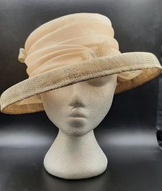 Vintage Fashion Hat Andre Canadian Hat Company Beige Lightweight Summer Ribbon I had the fortunate opportunity to go to an estate sale where the lady who lived there collected hats.  I have close to 100 hats; some are designer and some are handmade. This one comes with a hat box, 2001 Gabriela Ibarra Art in Motion. The entire hat measure 12 1/2" x 11 3/4" x 4 3/4" high.  The inner brim is 7" x 6 1/4".  The hat has more of a sheen to it like in the second photo. This hat is handmade in Canada. Ge Cream Fedora Hat For Formal Occasions, Formal Cream Fedora Hat, Beige Fedora Hat For Formal Occasions, Formal Beige Hat With Flat Brim, Beige Flat Brim Hat For Formal Occasions, Formal Beige Flat Brim Hats, Classic Hats For Church And Royal Ascot, Beige Fedora For Kentucky Derby And Formal Occasions, Formal Beige Straw Hat With Curved Brim