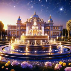 a fountain in front of a large building with lit candles on the ground and flowers around it