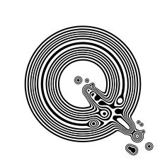 a black and white drawing of a person in the middle of a spiral design with circles