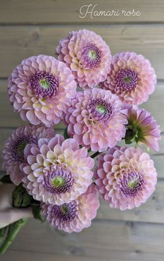 a bouquet of pink flowers sitting on top of a wooden table