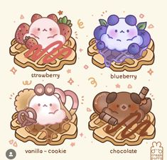 four different types of waffles with chocolate, strawberry and blueberry on them