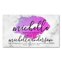 makeup artist business card with pink lipstick on white marble and black ink, the logo is for