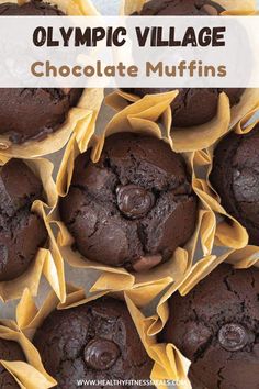 chocolate muffins with text overlay that reads olympic village chocolate muffins