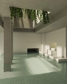 an indoor swimming pool with plants growing on the ceiling and tiled floor, in a building