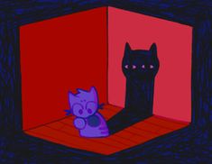 a drawing of a cat sitting in front of a black cat on a red floor