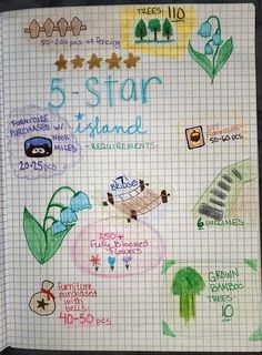 a notebook with some writing on it and drawings in the pages that say 5 - star island