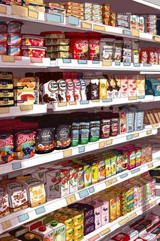 the shelves in a grocery store are filled with food